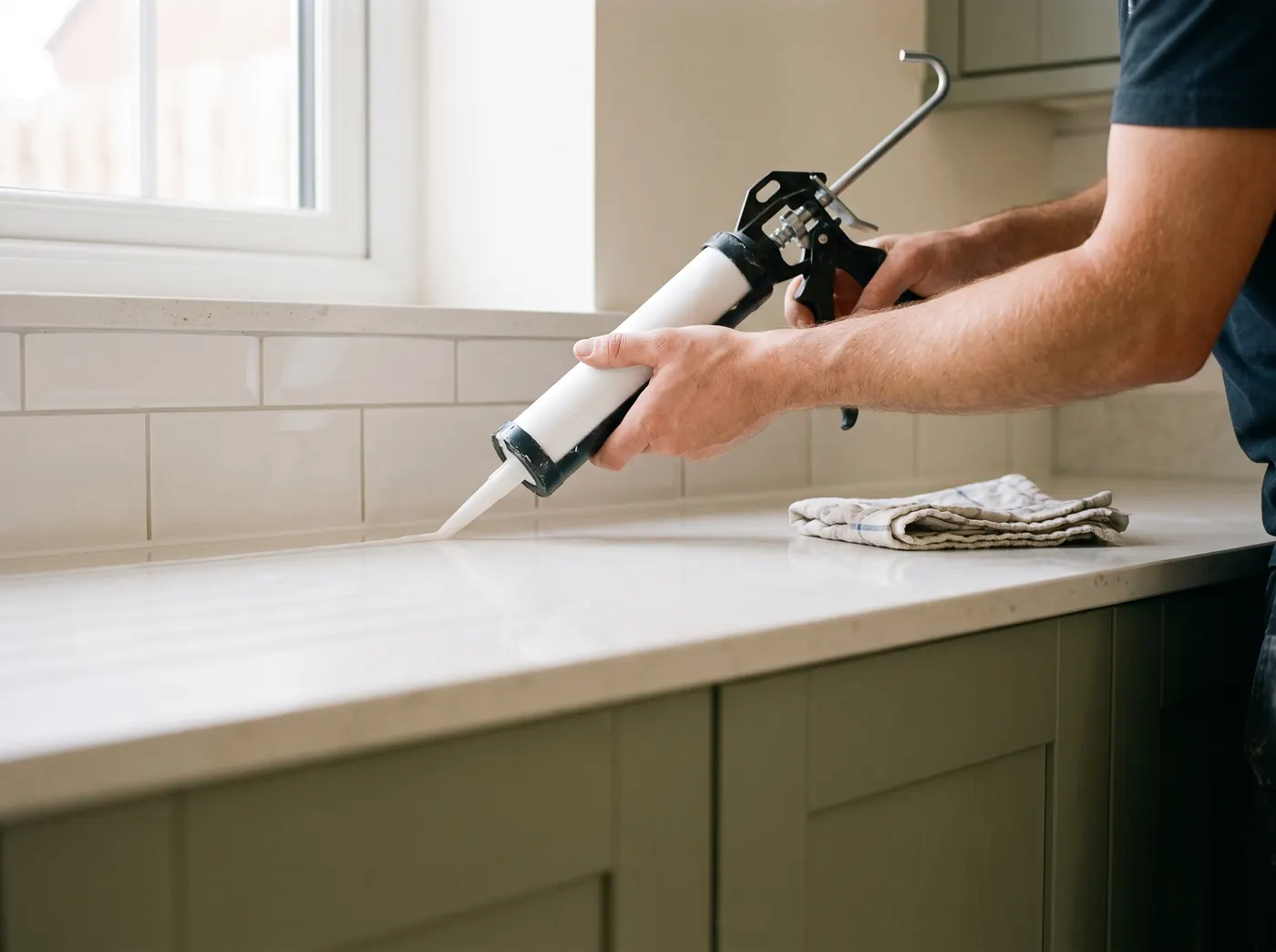 Running a neat bead of sealant along a kitchen worktop joint