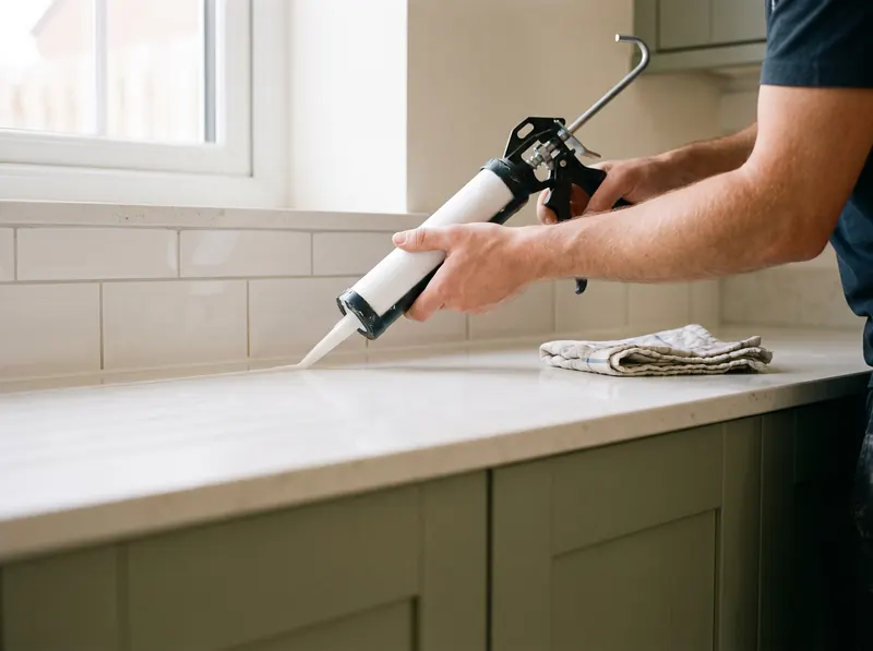 Running a neat bead of sealant along a kitchen worktop joint